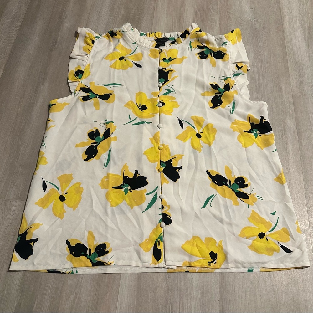 Ann Taylor Yellow White Floral Smock Neck Blouse Top Sz L